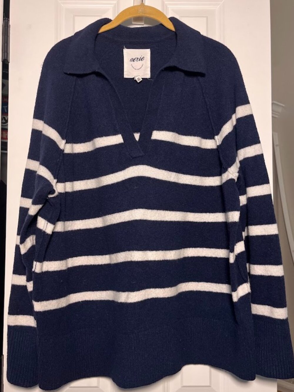Aerie Blue and White Striped Knit Polo Sweater Size Medium